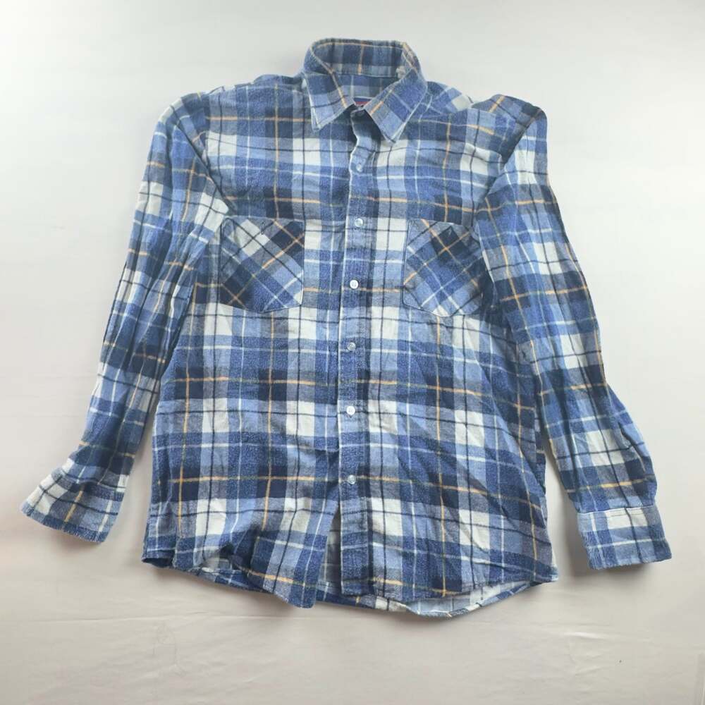 American Edition Men's Medium Blue Plaid Long Sleeve Button Up Flannel Shirt
